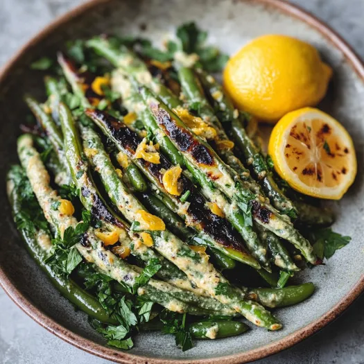 A plate of green beans with a lemon wedge.