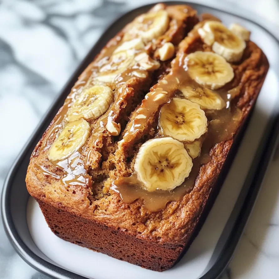 A moist banana loaf with banana slices on top.