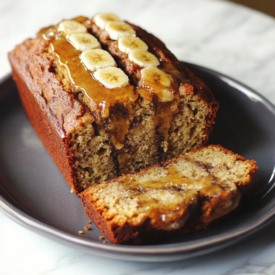 A slice of banana bread on a plate.