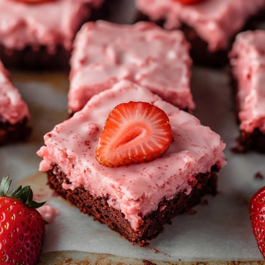 Bright pink dessert square with a strawberry garnish.