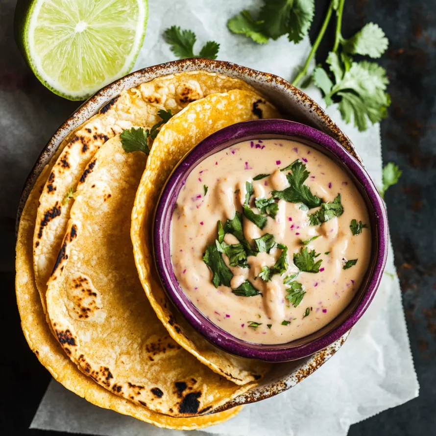 A lime wedge beside a bowl of sauce with a spoon inside.