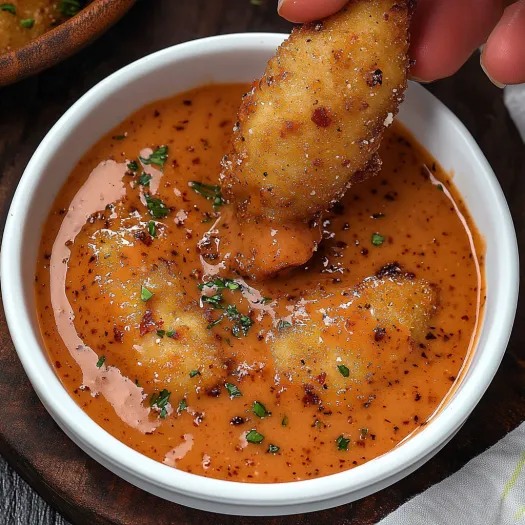 A person is dipping a piece of food into a bowl of sauce.
