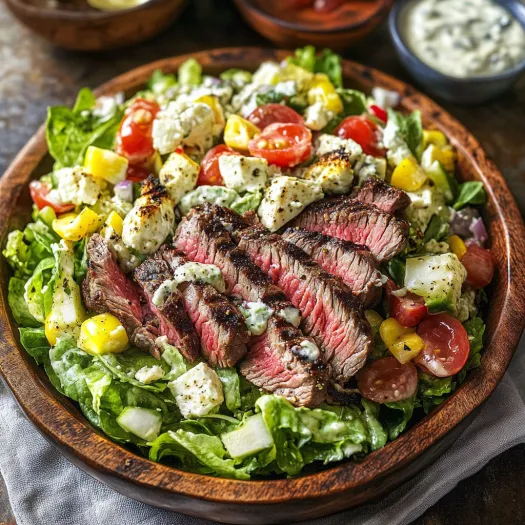 A salad with meat and vegetables.