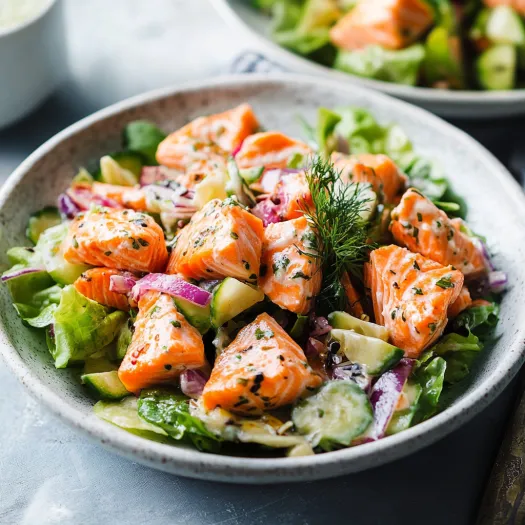 A bowl of salad with fish.