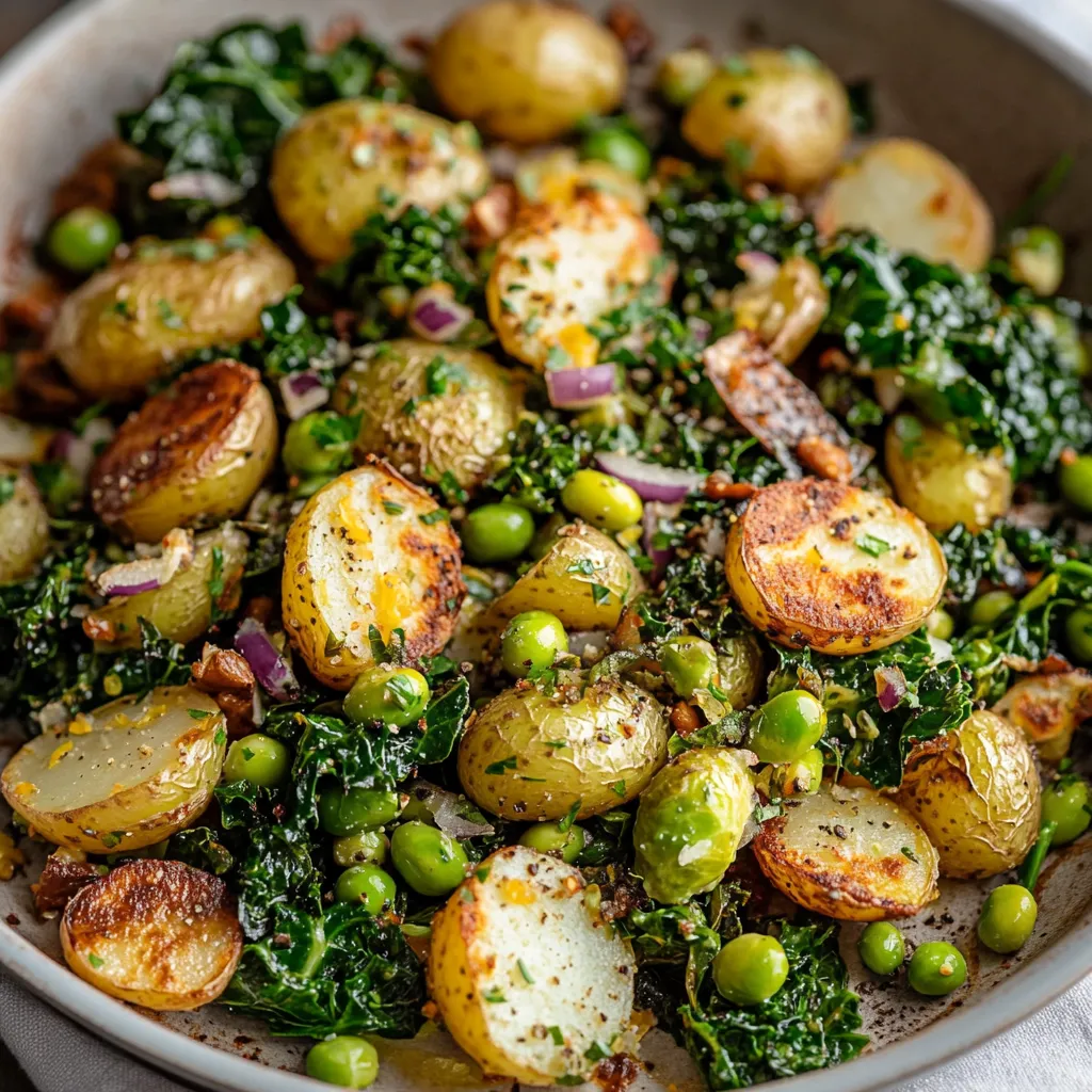 A vibrant mix of potatoes, greens, and peas in a dish.