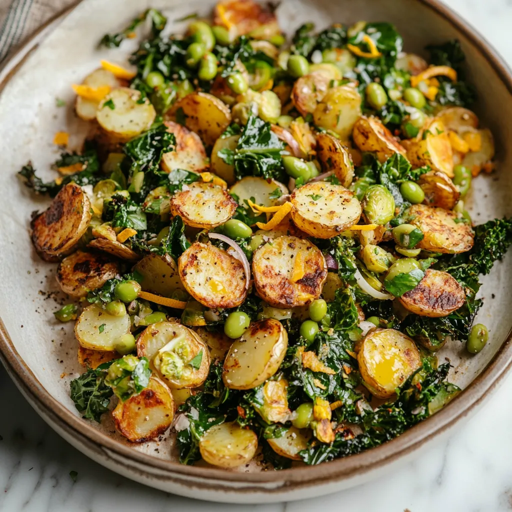 A bowl of vegetables including potatoes, peas, and greens.