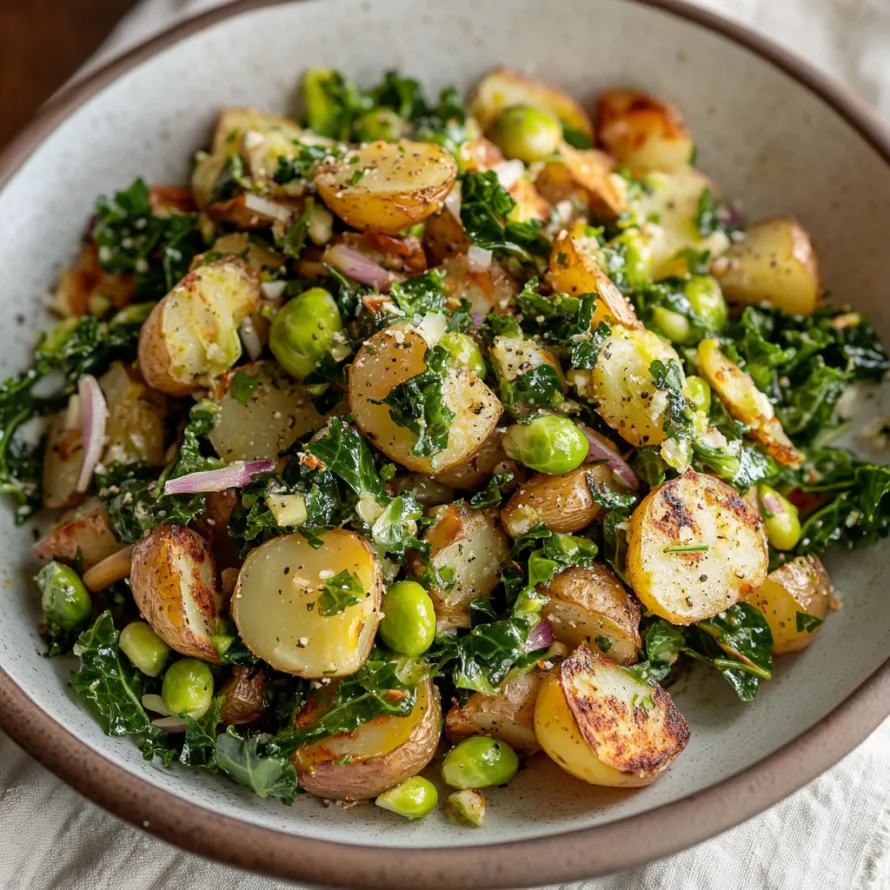 A bowl of vegetables including potatoes, beans, and greens.