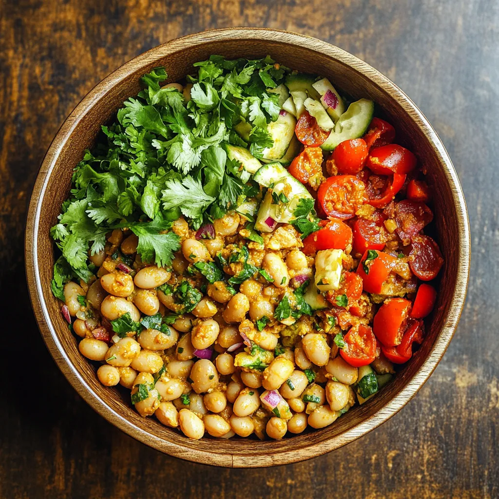 A bowl of vegetables with tomatoes, cucumbers, and beans.