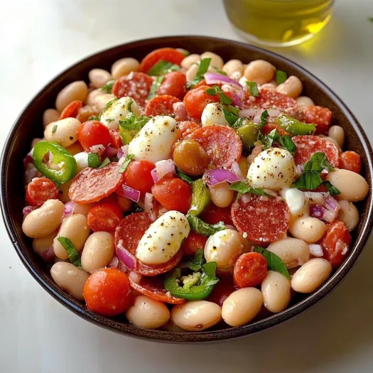 A bowl of mixed beans, tomatoes, cheese, and peppers.