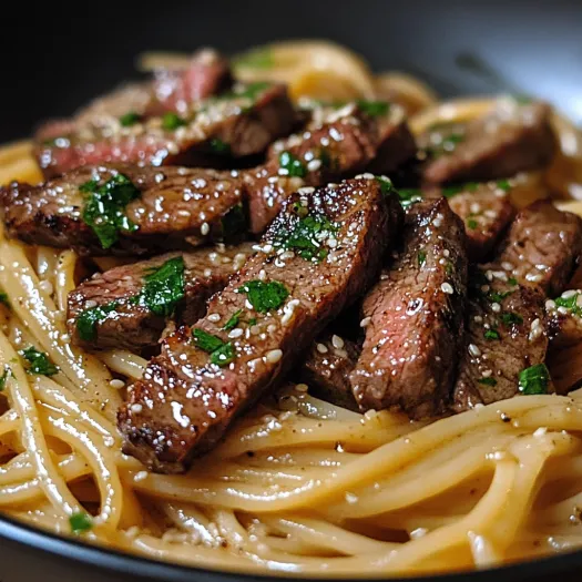 A bowl filled with pasta topped with slices of steak.