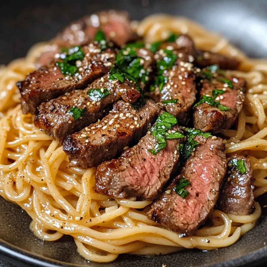 A plate of spaghetti with meat and herbs.