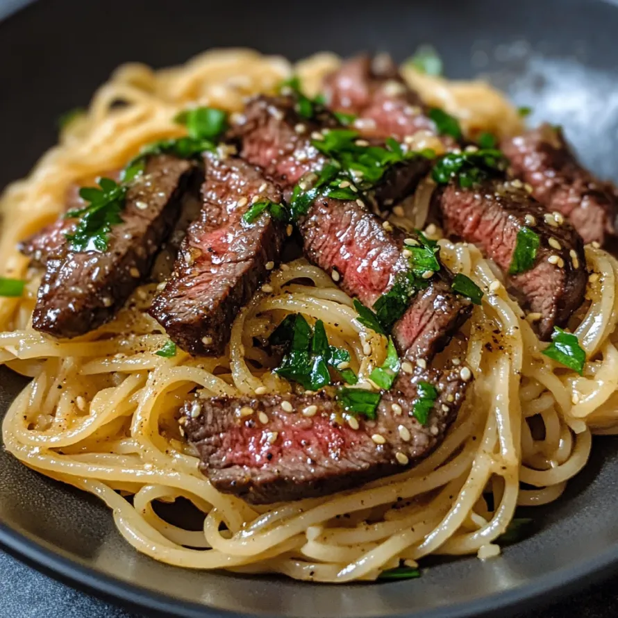 A plate of spaghetti with meat and herbs.