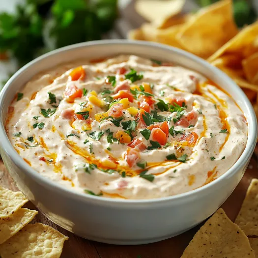 A creamy dip surrounded by tortilla chips.