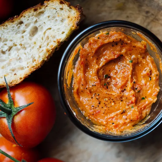 A dish filled with red butter and a loaf of bread next to it.