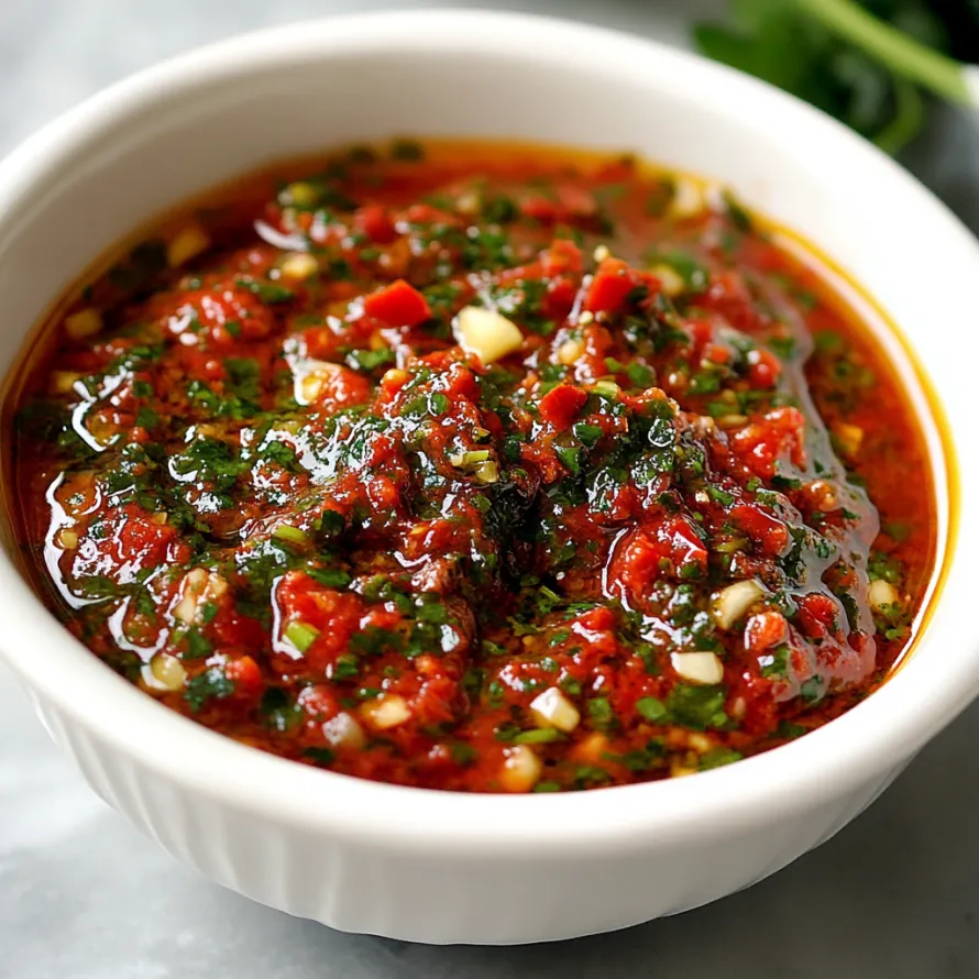Red sauce with herbs on top.