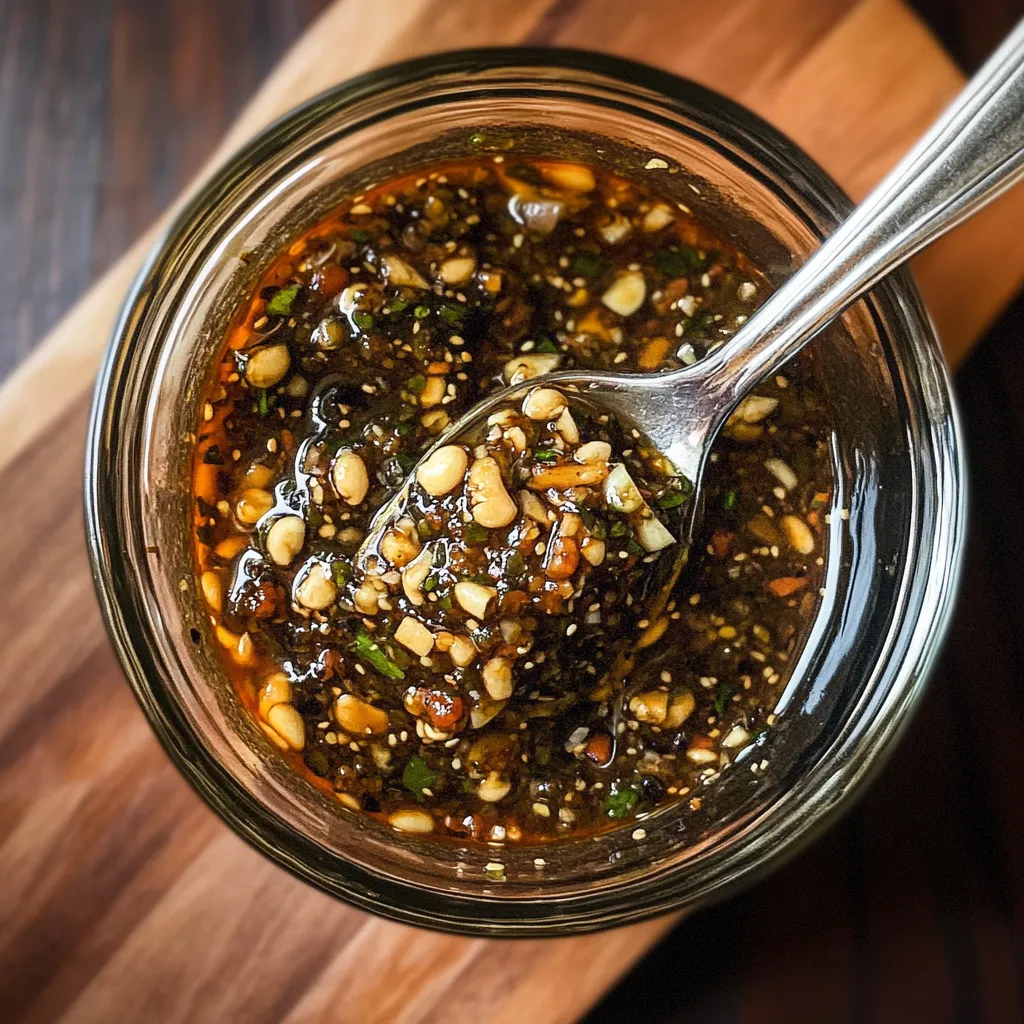 A jar of chile sauce with a spoon.
