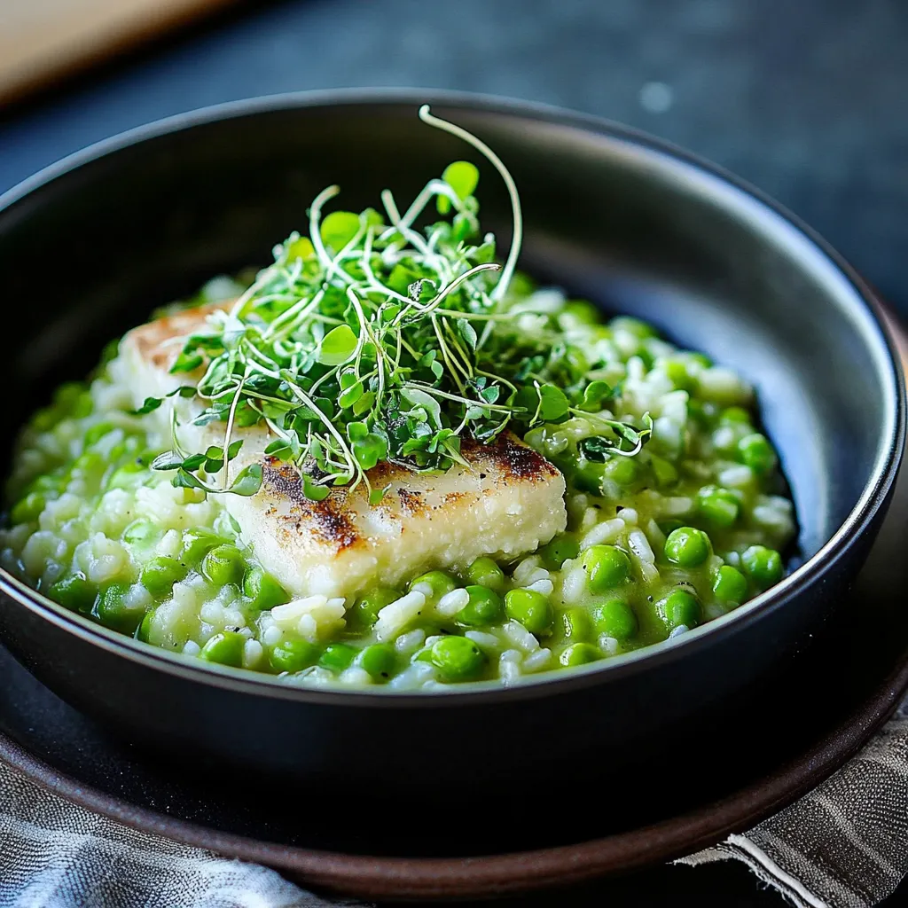 Bowl filled with creamy rice topped with bright green peas and a sprinkle of herbs.