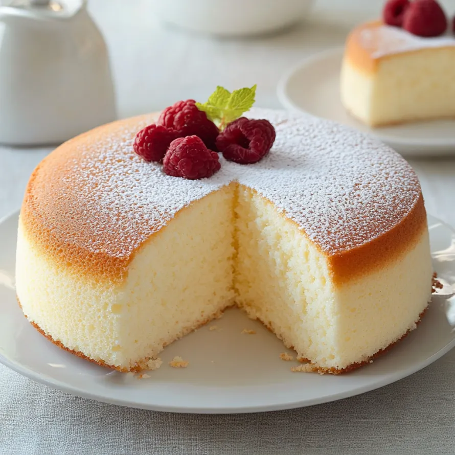 A fluffy cake slice topped with raspberries.