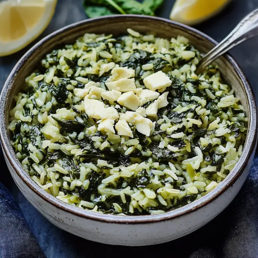 A bowl filled with spinach and creamy rice.