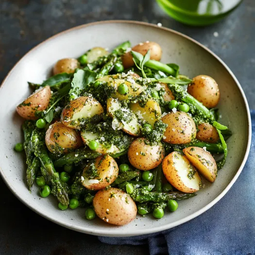 A plate with potatoes, peas, and leafy greens.