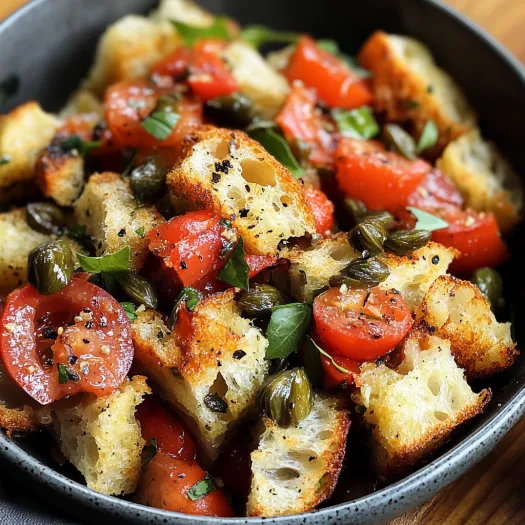 A food bowl with tomatoes and toasted bread.