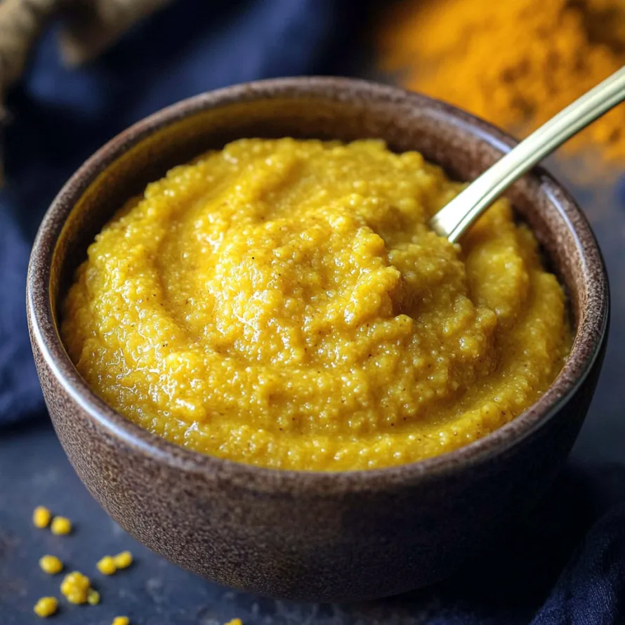 A spoon resting in a yellow mustard bowl.