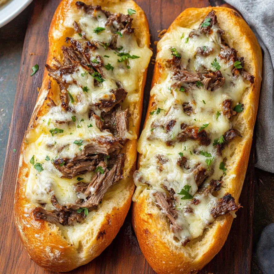 Two sandwiches with meat and cheese on a wooden table.
