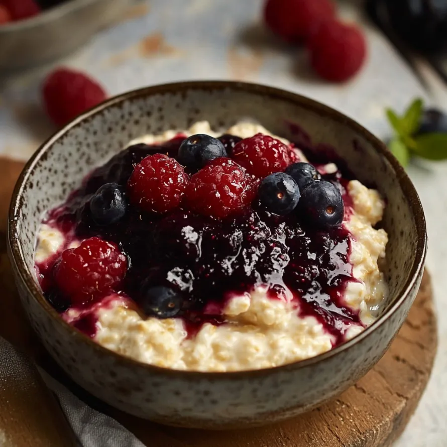 Bowl of berries with creamy oats.