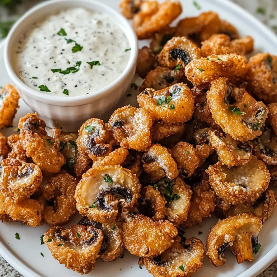A bowl of golden mushrooms next to a dipping sauce.