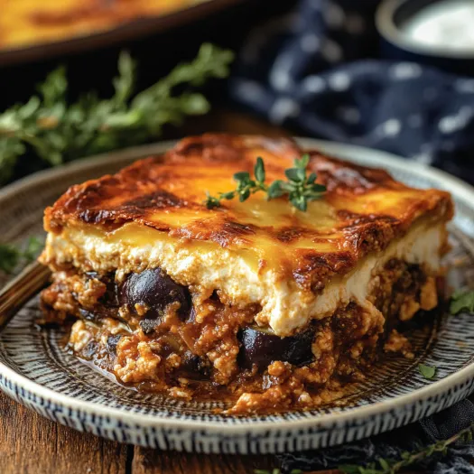 A slice of Mediterranean casserole on a plate with a fork.