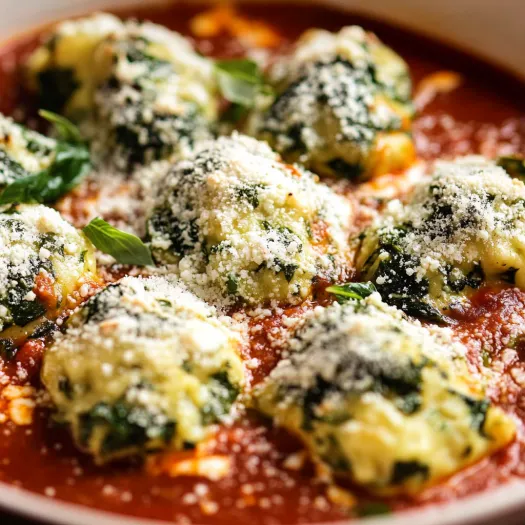 A serving of malfatti in a vibrant tomato sauce topped with fresh herbs.