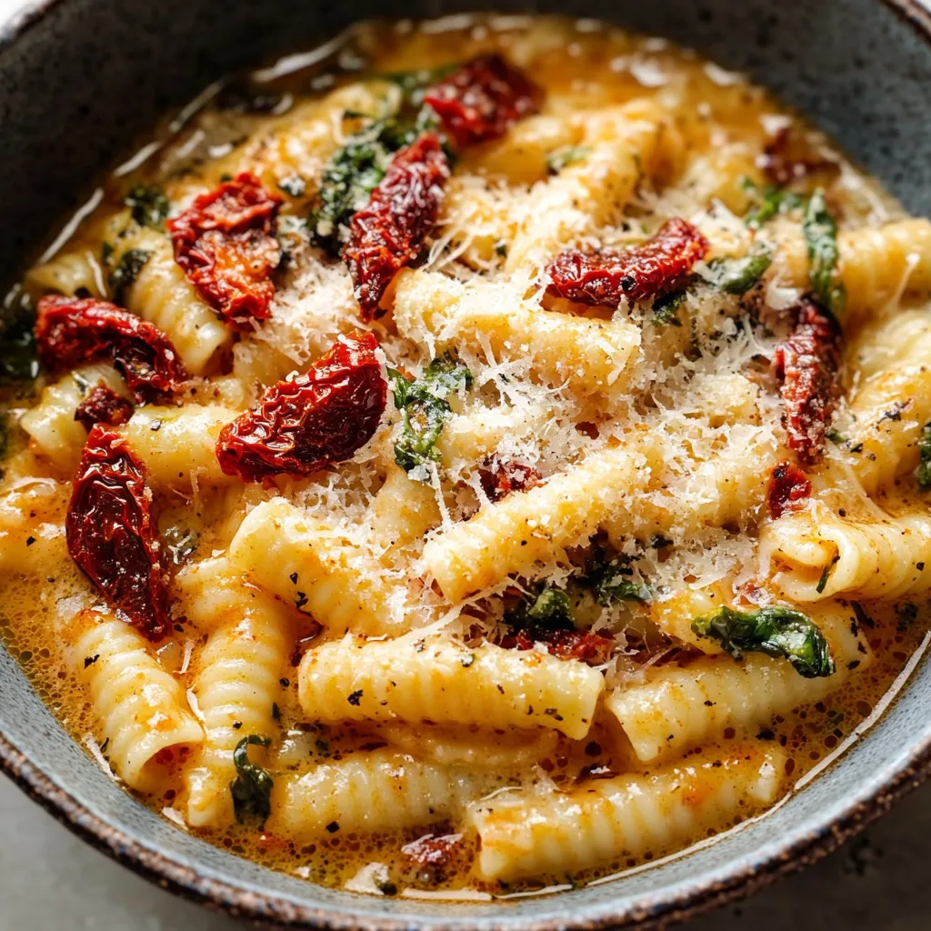 A bowl of pasta with cheese and tomato topping.