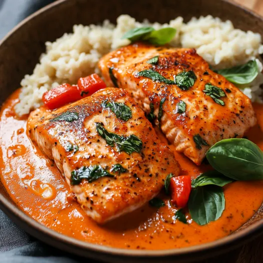 A plate of salmon with sauce and rice.