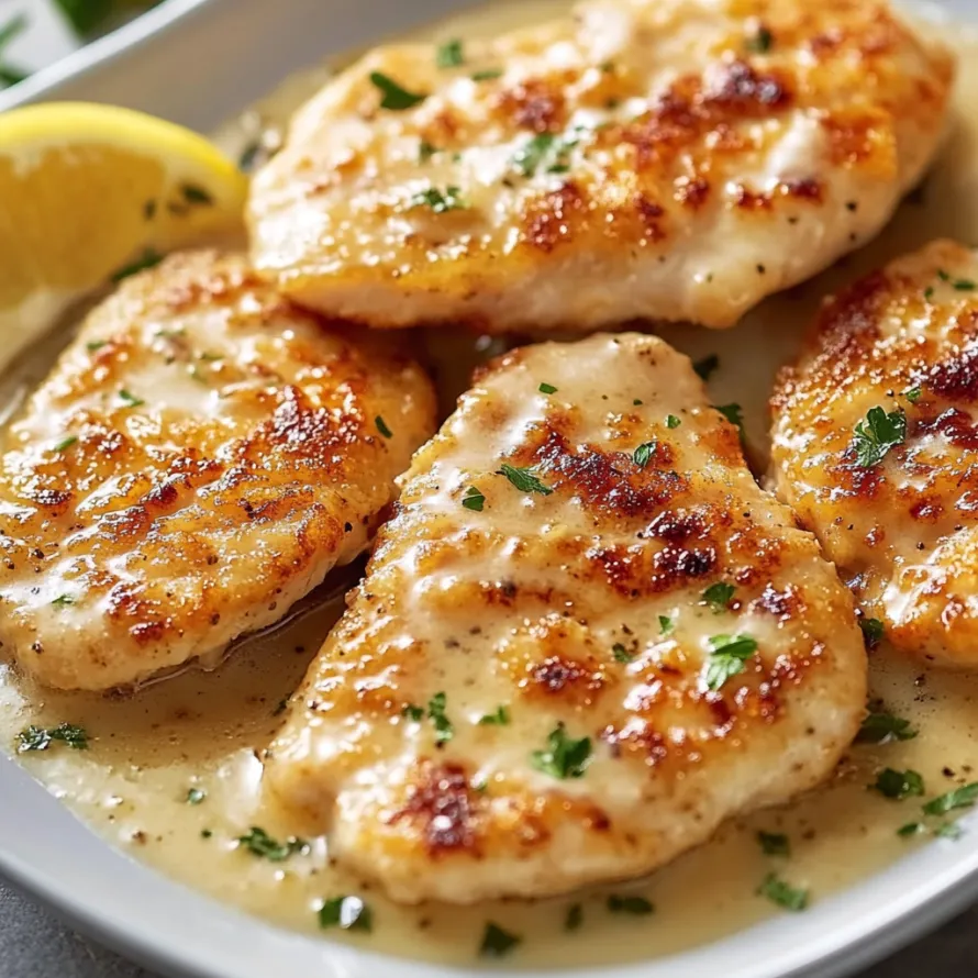 Plate of chicken topped with lemon wedges.