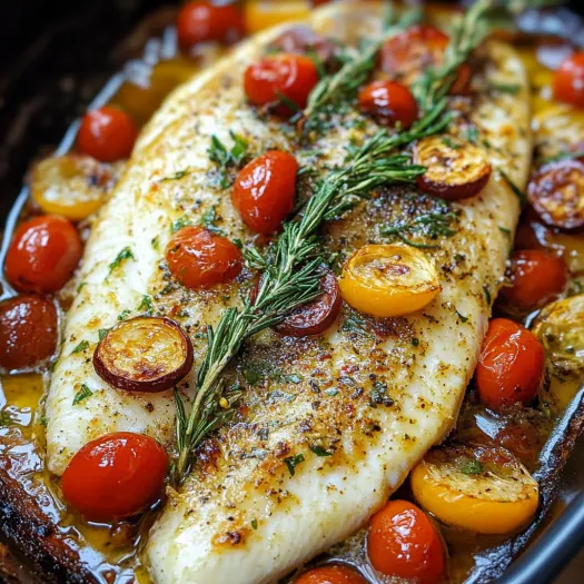 Fish topped with tomatoes and herbs.