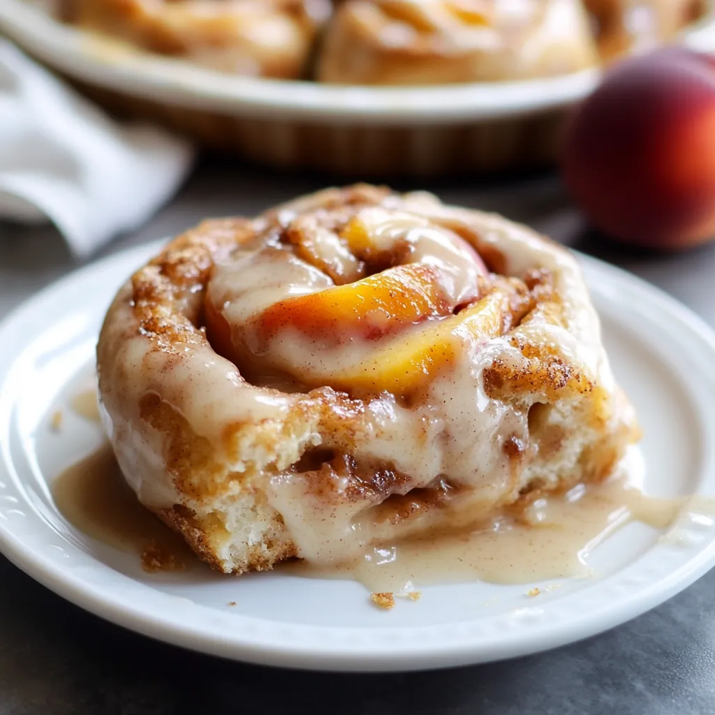 Warm cinnamon peach rolls on a plate.
