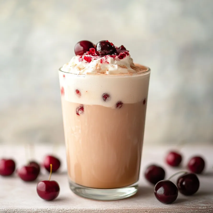 A chilled iced chai glass with cherry garnish.