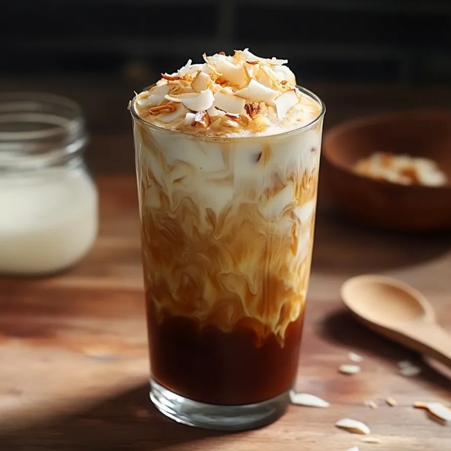 A glass of chilled coconut coffee topped with shredded coconut.