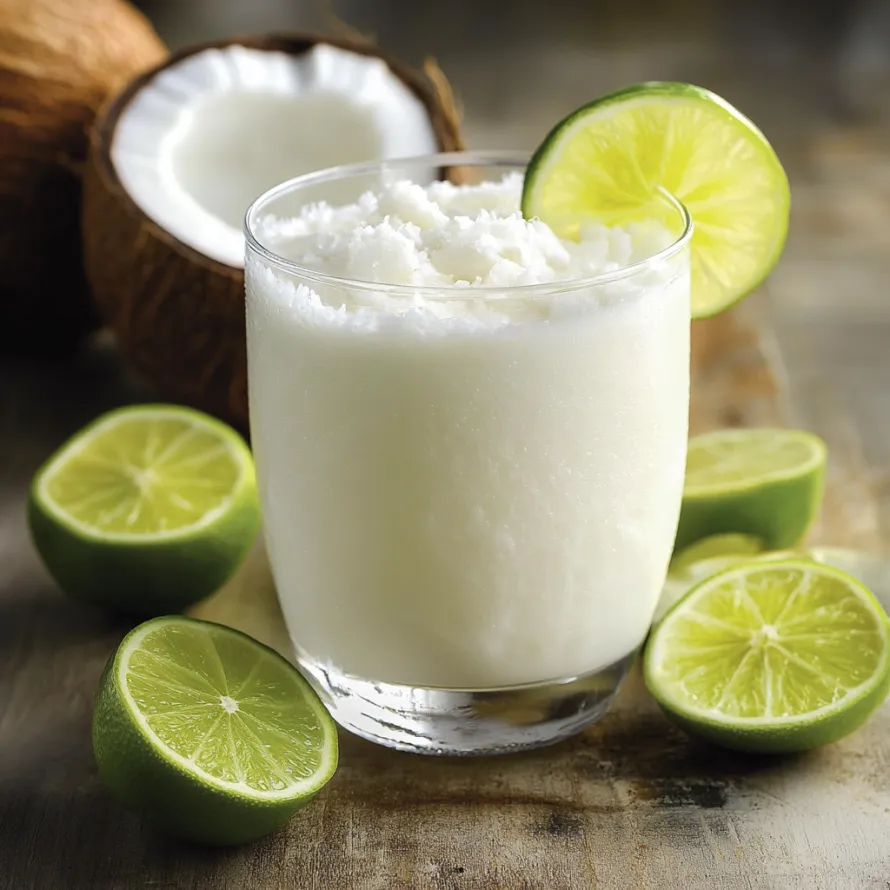 A refreshing drink of coconut milk and lime with a colorful garnish.