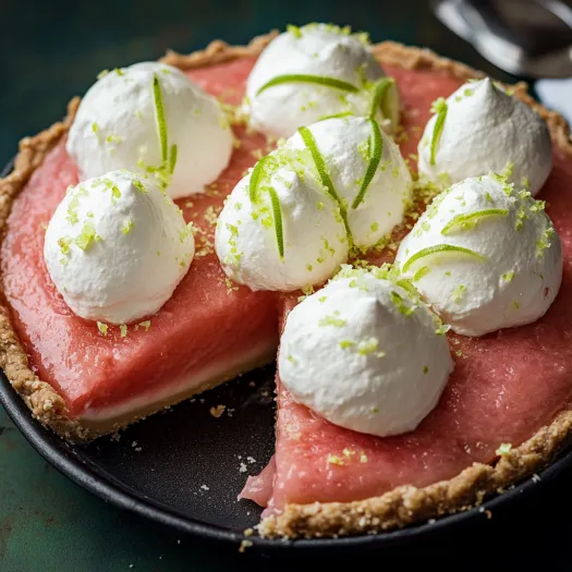A slice of fruity dessert topped with cream.