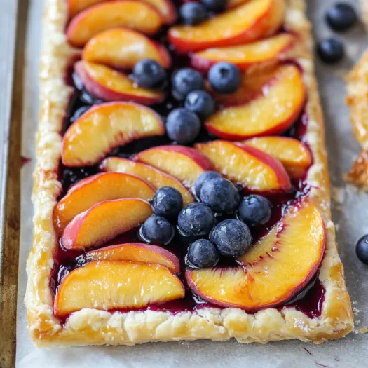 Peach tart with blueberries on top for garnish.