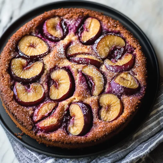A slice of peach cake with a dusting of powdered sugar.
