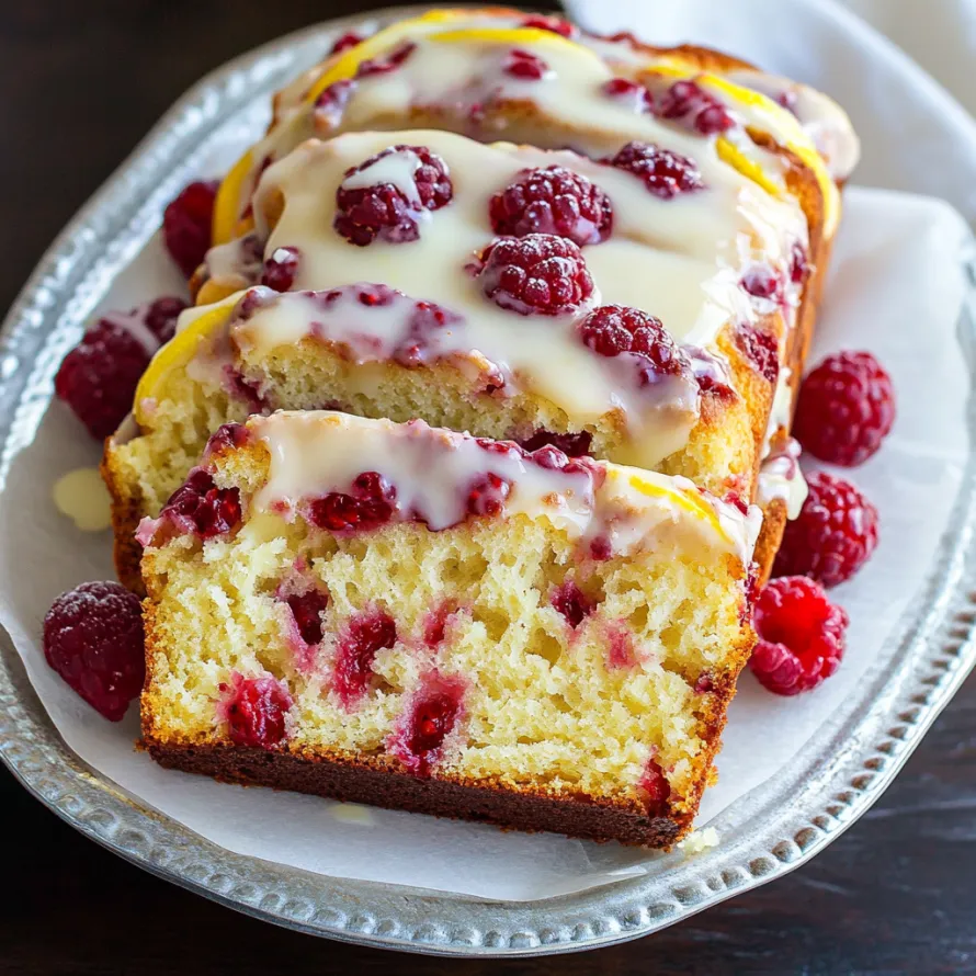 A slice of loaf cake topped with raspberries.
