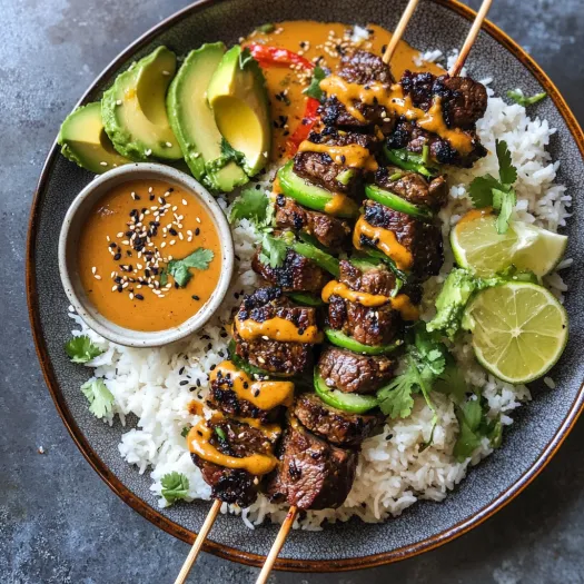A dish with grilled meat, rice, and vibrant toppings.