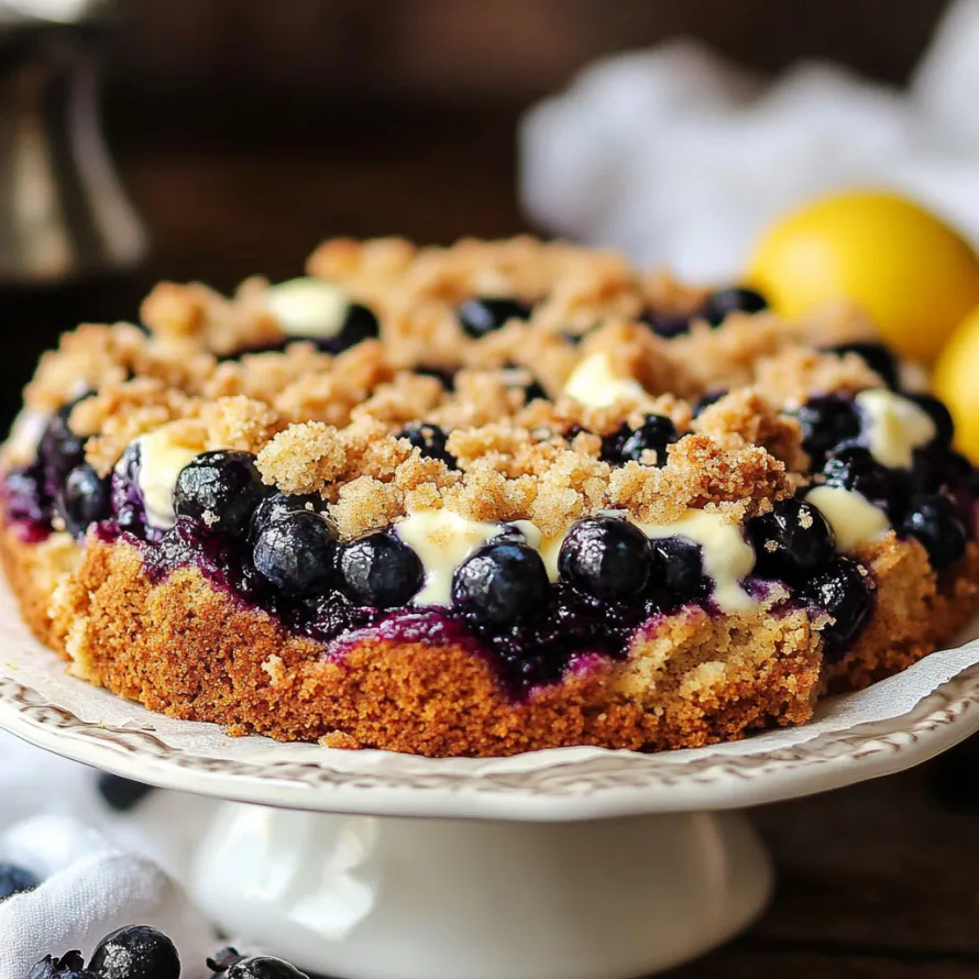 A soft lemon cake topped with blueberries and a crumble.