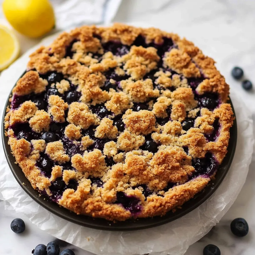 A blueberry crumble with a lemon wedge on top.