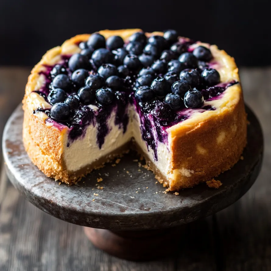 A delicious blueberry cheesecake slice on a white plate.