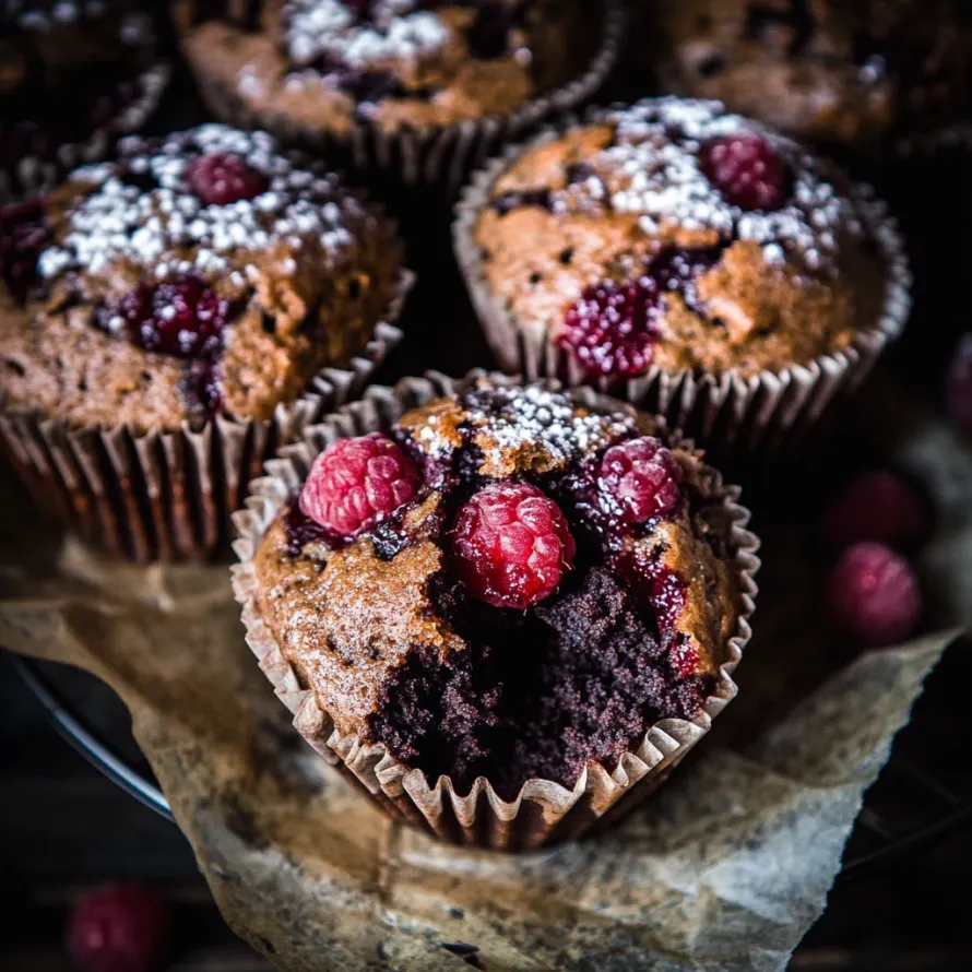 A muffin topped with raspberries and dark chocolate chunks.