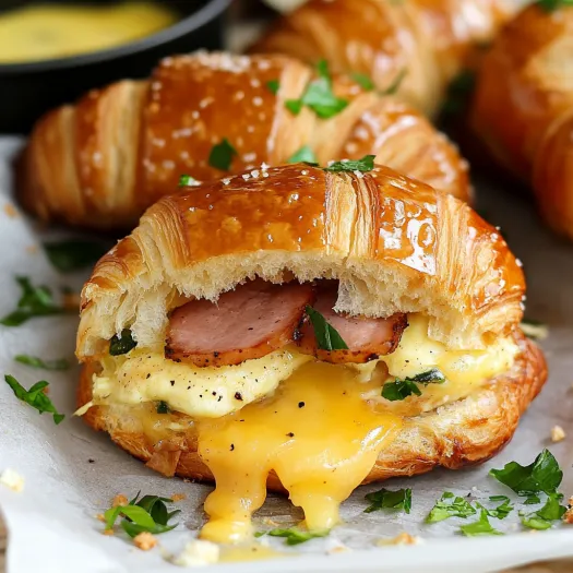 Layered croissant with melted cheese and ham.