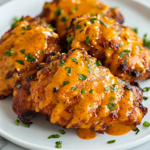 Chicken thighs garnished with buffalo sauce on a plate.